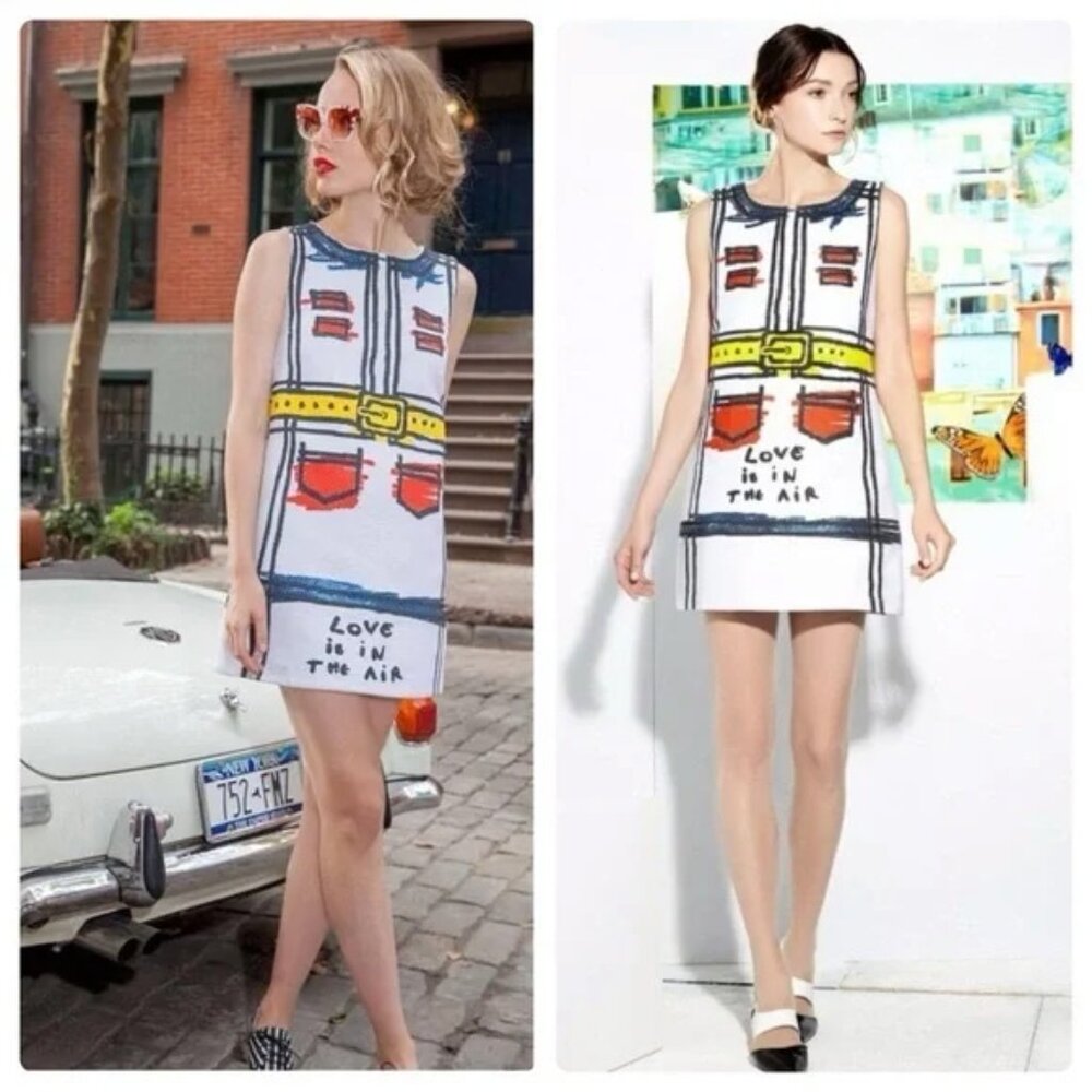 Alice + Olivia Love Is In The Air Trompe L'oeil WHITE BLUE MINI SHIFT DRESS 8